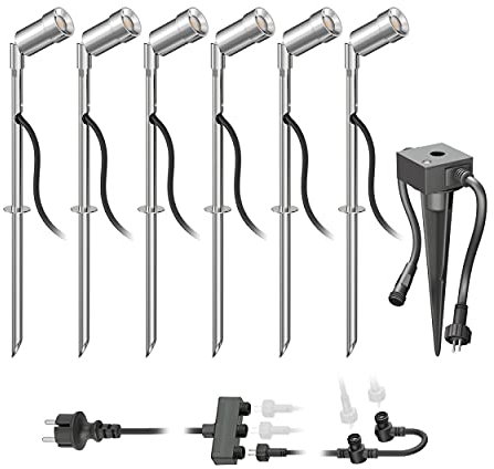 ledscom.de LED Gartenstrahler Spico mit Erdspieß und Dämmerungssensor für außen IP44 je 105lm warm-weiß 6er Set