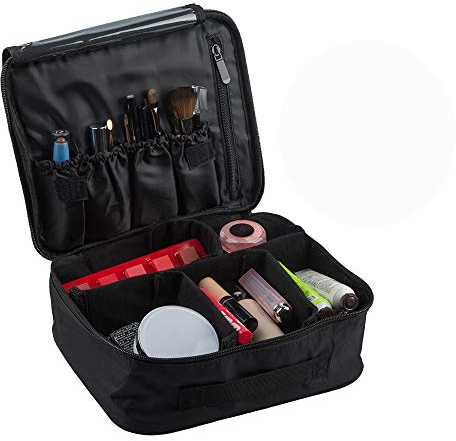 SourceTon - Beauty case da viaggio, professionale, organizer per cosmetici, con spaziatura, Nero , L