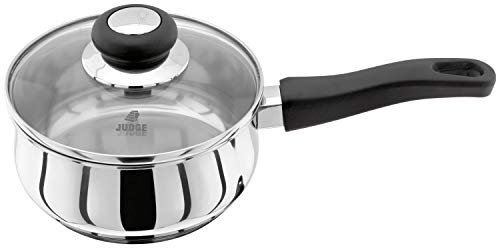 Judge Vista Stainless Steel Medium Saucepan, 16cm 1L Shatterproof Vented Glass Lid, Induction Ready, Oven Safe, 25 Year Guarantee