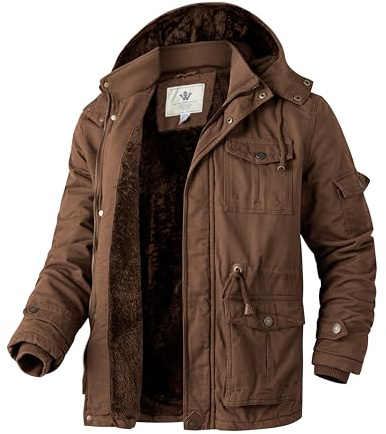 WenVen Herr vinter utomhus parkas jacka tjock huva varm kappa vindtät medellång jacka klassiska militärjackor, Kaffe, M