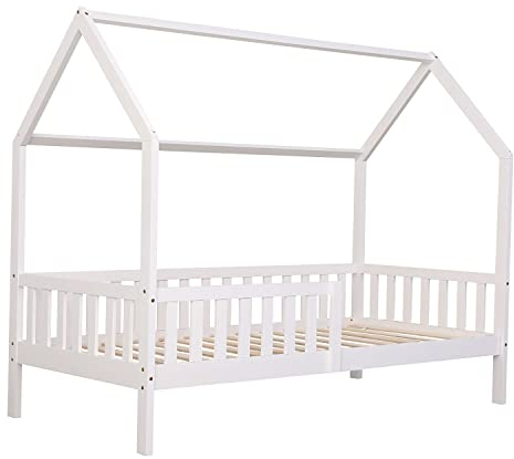 Happy Garden lit cabane 190x90cm Blanc Marceau, Cadre de lit en Bois Massif de pin avec sommier à Lattes et barreaux de sécurité