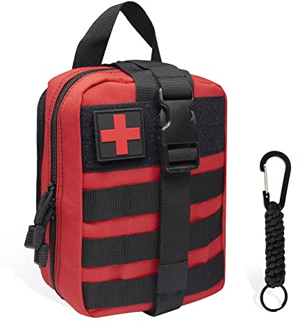 QIYUANT Trousse de Secours Militaire Vide, Pochette EMT IFAK Médecine Tactique, Rip-Away Sac étanche Molle de Premiers Secours EDC Survie de Poche pour Randonnée Camping (Rouge avec 1 Mousquetons)