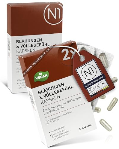 N1 Blähungen & Völlegefühl Kapseln 60 St. - Medizinprodukt gegen Blähungen - Völlegefühl, Druck & Blähbauch weg durch Simeticon & Mineralerde