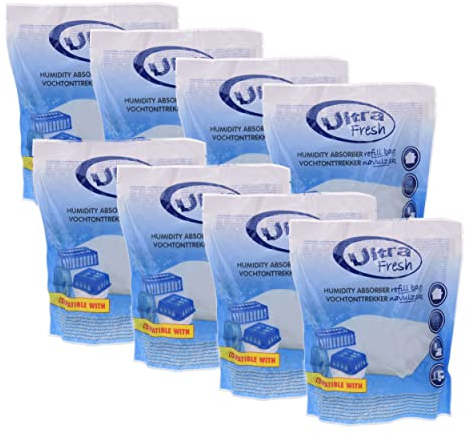 8x 450g Luftentfeuchter Nachfüllpack Ultra Fresh - Nachfüllbeutel für Raum Entfeuchter Nachfüllpack Raumtrockner Granulat Weiß