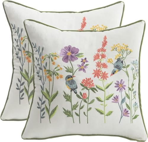 Tosleo Embroidered Throw Pillow Covers 18x18 inch Pack of 2 Vintage Birds with Flowers Farmhouse Pillow Cushion Cases Decorative Pillowcases Home Decor Square Floral Pillow Case