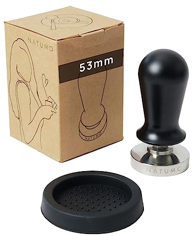 NATUMO Espresso Tamper 53mm, druckregulierend (15kg / 35lbs), Siebträger Zubehör, Kaffe Tamper Set mit Tampermatte (Schwarz)