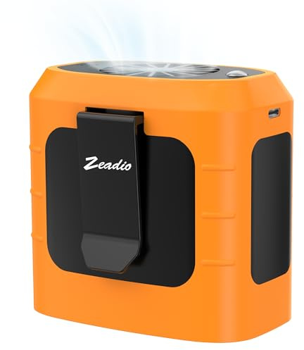Zeadio Ventilateur Portable à Clip Ceinture, 10000 mAh, Ventilateur Mains Libres avec Lampe Torche LED&Batterie Externe, Ventilateur Rafraîchissant pour Travail en Extérieur, Pêche, Randonnée, Orange