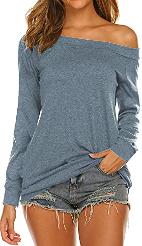 Lalala - Maglietta lunga da donna, a maniche corte o lunghe, con spalle scoperte, in stile blusa, tunica, elegante, grigio/blu, M