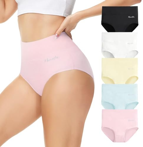 Momoshe Culotte Femme Coton Taille Haute 5 Pièces Elasticité Extensibles Slips Femmes Noir Blanc Beige Bleu Rose M