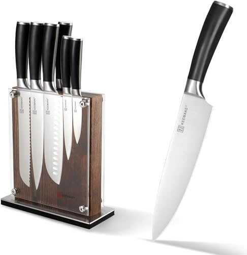 KEEMAKE Coltelli da Cucina Professionale e Portacoltelli Magnetico 7 pezzi, Set Coltello Spelucchino Santoku Chef Verdure Pane Universale, Regalo per Papà Mamma