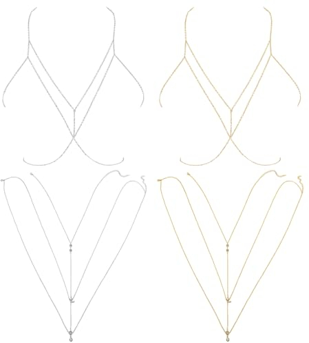 RoadLoo 4 Stück Bikini Bh Körperkette Damen Gold Und Silber Zubehör Sexy Kreuzkette Für Partys Und Nachtclubs