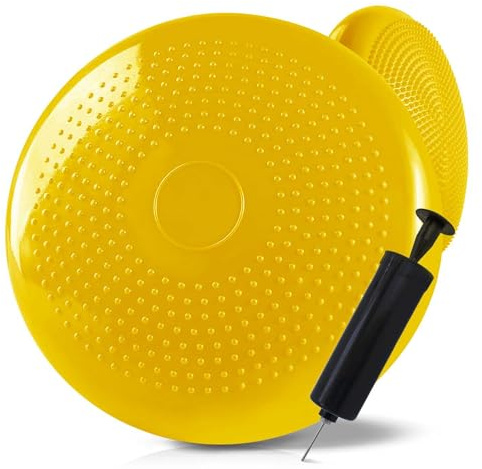 OcioDual Cojin Equilibrio Amarillo, Wobble Cushion, Cojin de Equilibrio, Cojín Oscilante para entrenamiento de Core, Propiocepción, Agilidad, Superficie PVC con Inflador Manual