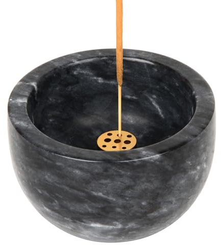 GMYIAK Supporto per bastoncini di incenso in marmo naturale con 9 fori in ottone, per bastoncini di incenso, per meditazione, brucia incenso, cenere di incenso, facile da impugnare (nero)