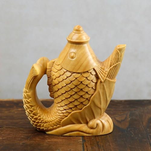 SHGDAIO Holzstatue Fischtopf Handgefertigte Holzskulptur Dekor Buchsbaum Vintage Dekoration Ornament Für Wohnzimmer Schlafzimmer Büro Zuhause Feng Shui Skulpturale