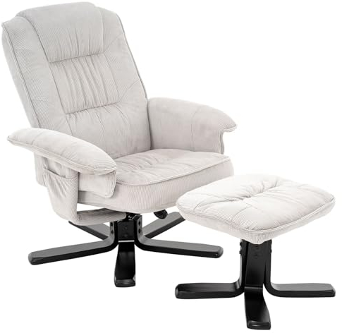 IDIMEX Fauteuil relax Charly avec tabouret blanc – Fauteuil TV avec dossier réglable, fauteuil de salon avec compartiment latéral et repose-pieds, fauteuil de salon en velours côtelé