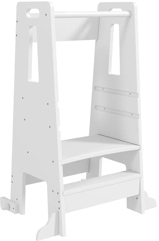 AIYAPLAY Torre de Aprendizaje de Madera Taburete de Aprendizaje para Niños de +3 Años con Pedal Altura Ajustable en 3 Niveles y Barrera de Seguridad para Baño Cocina 45x47,5x91 cm Blanco