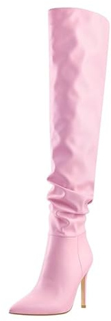 Meinabsatz Schlupfstiefel für Damen Spitze Stiefel Stiletto Overknees Zipper Long Slouchy Boots Lederoptik Rosa 40 EU