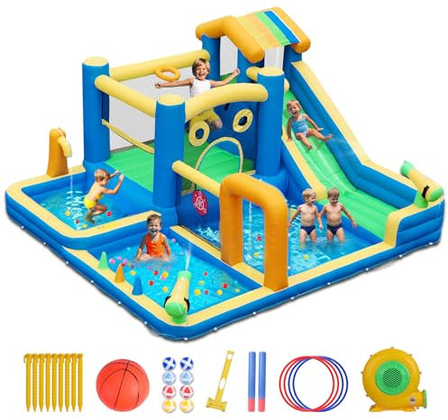 Hüpfburg für Kinder, 10 in 1 Aufblasbare Hüpfburg mit Wasserrutsche, Wasserspritzern, Klettern, Springen, Fußballfeld und Basketballkorb, XXL Hüpfburg mit Gebläse für den Innen- und Außenbereich