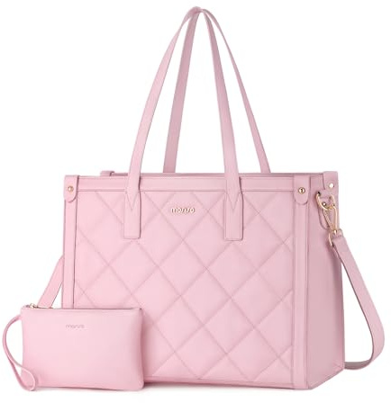 MOSISO Bolsa Portátil para Mujeres, 15,6 Pulgadas PU Cuero Rombo Acolchado Bolsa Trabajo con Portavasos&Bolso Embrague, Gran Capacidad Profesor Maletín Laptop para Oficina Negocios, Rosa