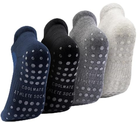 CoolMate Mens Grip Socks, Non Slip Socks for Yoga, Pilates, 4 Pairs, Ankle