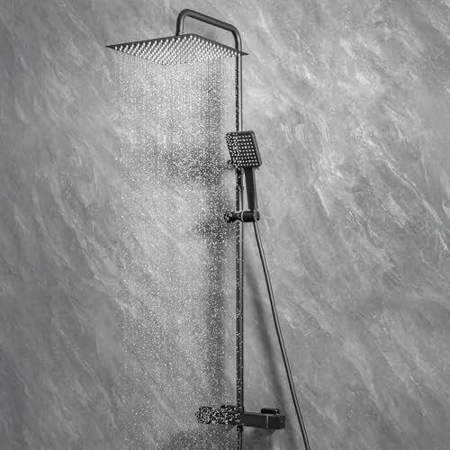 Auralum Thermostat Duschsystem Komplettset Schwarz mit 30cm Edelstahl Regendusche, 6 Strahlarten Handbrause und Höhenverstellbarer Duschstange 88-124cm, Edelstahl Badezimmer Duschgarnitur