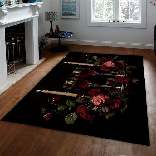 HOBBOY Eleganter Blumenteppich 150 x 240 cm Valentinstag Rosen Kerzen Weingläser Muster Teppich Dünne Bodenmatte für Esszimmer Küche Cafe Bar