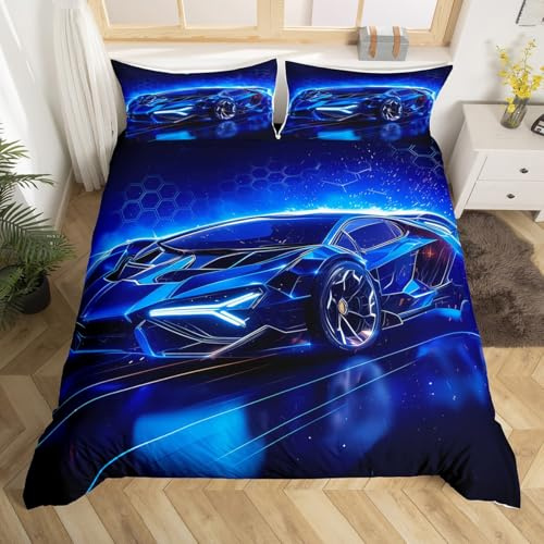 Loussiesd Kids Boys Sports Car Comforter Cover Blue Bedding Set for Kids Teens Extreme Sports Theme Bed Cover Cool Speed King Decor Bedding Bedclothes Soft for All Season