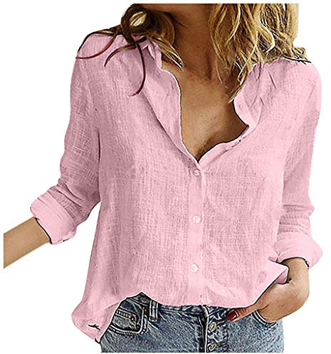 2025 - Moda Mujeres sueltas de lino sólido solapa manga larga camiseta blusas tops otoño moda damas, Rosa., M