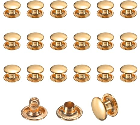 sourcing map 120 Sets Leather Rivets, 8mm Double Cap Rivets, 6mm Height Tubular Metal Studs for Leather Craft Repair and Decoration DIY Clothes, Shoes, Bags, Belts, Light Gold