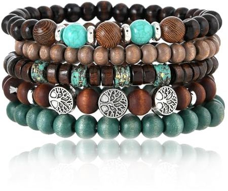 JOOTUEPO 5pz Bracciale Perline Donna, Multistrato Bracciale con Albero Della Vita Impilabili Fatti a Mano in Legno e Lega Bracelet, Estivi da Spiaggia Stile Cowgirl Western per Regalo di Compleanno