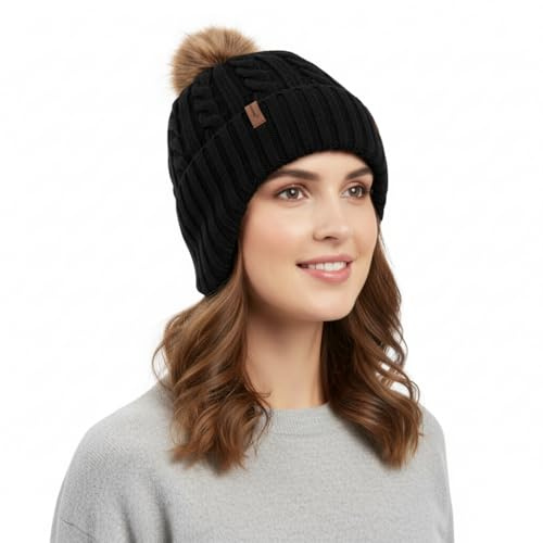 Comhats Laine mérinos doublée en polaire avec protection pour les oreilles - Pompon chaud et à la mode pour femmes - Bonnet d'hiver, Noir , M