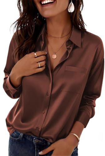 ZEAGOO Satin Blouse for Women UK Long Sleeve Silk Blouses Button Down Shirt