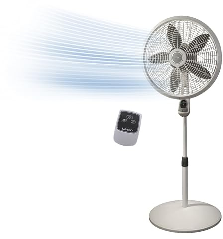 Lasko Elegance and Performance Pedestal Stand Fan, 3-Speeds, 90 Degree Oscillation, Adjustable Height, Timer, Remote for Indoor, Bedroom, Living Room, Home Office, Dorm Use, 18 Inch, White, 1850