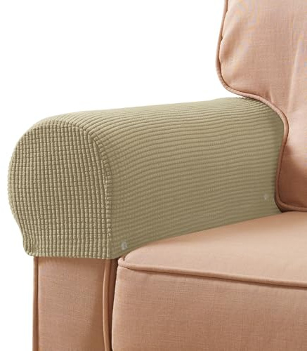 SUBRTEX Stretch Armrest Covers Spandex Arm Covers for Chairs Couch Sofa Armchair Slipcovers for Recliner Sofa with Twist Pins 2pcs (Brown Khaki)