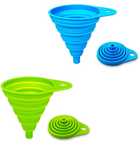 Imbuto pieghevole in silicone, flessibile/pieghevole/cucina, per bottiglia d'acqua, trasferimento di liquidi, imbuto a bocca stretta e larga (verde e blu)