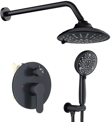 EMBATHER Black Shower Faucets Sets - Overhead Rain Head Shower System with 8-Mode High Pressure Handheld Complete Combo and Mixer Valve Trim Kit - 3-Way Rainfall Shower Fixture for Luxury Bathroom