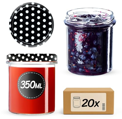 KADAX syltburkar 350 ml, fi82 mm, konserveringsburkar med skruvlock, honungsburkar, konserveringsburkar för svampar, syltdörrar, honung (20 stycken, svart prickad)