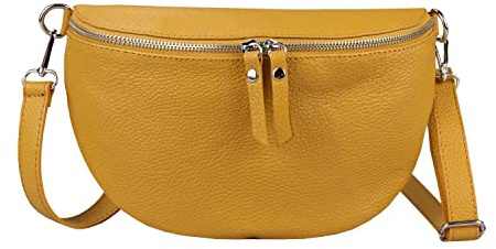 OBC Made in Italy Damen Leder Tasche Medium Handytasche Gürteltasche Crossbody Hüfttasche Bauchtasche Umhängetasche Cross-Over Bodybag Schultertasche Kosmetiktasche Senfgelb