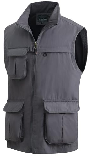 MeiLayM Hombres Chaleco de Pesca Transpirable Bolsillo Múltiple Secado Rápido Gris, M