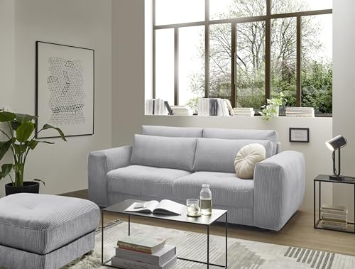 Big Sofa BARURA Cord hellgrau – Kompakte Couch mit gemütlicher Liegefläche, modernes Sofa 214x112 cm, inklusive Kissen