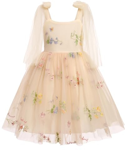 Embroidered Flower Girl Dress Toddler Sleeveless Spaghetti Straps Floral Embroidered Dress Baby Girl Dress Wedding Birthday Formal Party Photoshoot Tulle Dresses Apricot 3-4 Years