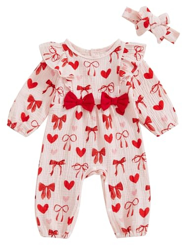 Loalirando Infant Baby Girl Valentine’s Day Romper Heart Bow Print Ruffled Long Sleeve Jumpsuits Headband Coming Newborn Home Clothes (Red, 6-9 Months)