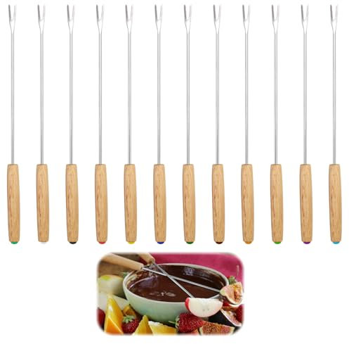12PCS 24CM Tenedor para Fondue de Acero Inoxidable, Mango de Madera Resistente al Calor, Tenedores Multicolores, para Queso y Chocolate, Pinchos para Barbacoa y Fiestas