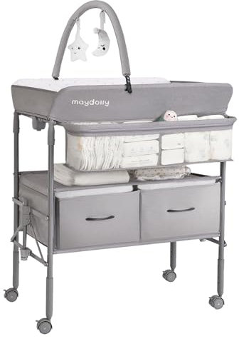 Maydolly Baby Klappbarer Wickeltisch, Mobiler Wickeltisch mit Rädern, höhenverstellbar, Baby Wickeltisch mit Ablagefach (Grau)