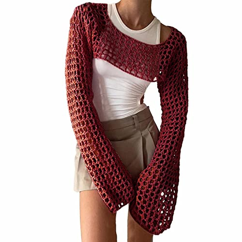 Women's Mesh Crochet Crop Tops Women Casual Swimwear Swimsuit Cover Up Short Women Fishnet Long Sleeve Top Lingerie Chemise Mesh Shirt Shrugs Sexy Hollow Out Cropped Knit Sweater Bikini Cover Ups Red