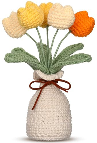 Marsui Crochet Knitting Tulip Bouquet with Vase 7 Knitted Artificial Forever Tulip Handmade Woven Flower with Exquisite Pot Gift for Valentine's Day Back to School Gift Family Home Desk Decor(Yellow)