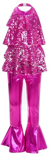 TiaoBug Traje De Baile De Jazz para Niñas Maillot Cuello Halter Sin Espalda Lentejuelas Y Pantalones Metálicos De Campana Disfraz Baile De Salón