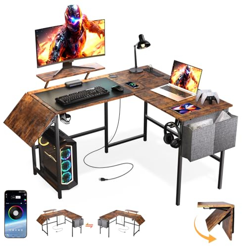 VidaTeco L Shaped Gaming Desk with Desk Extender, 120-150cm Smart Corner Computer Desk with LED Lights & Power Outlets, Monitor Stand, Storage Bag, for Work, Home Office, Bedroom, Study, Rustic Brown