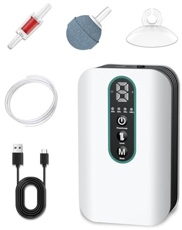 Pawfly Aquarium Luftpumpe, Wiederaufladbare Batterie-Sauerstoffpumpe für 19-76 L Fischbecken Eimer, Tragbare Live Bait Belüfter für Fische, Einstellbare Luftpumpe für Outdoor-Angeln und Fischtransport