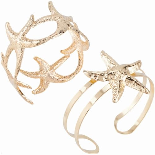 CABODYALS 2 estilo de Pulsera de Oro con Forma de Estrella de Mar, Estilo Bohemio, para Verano, Playa, Coral Marino, para la Parte Superior Del Brazo, Brazalete de Metal Ajustable con Espiral Abierta,